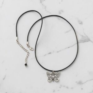 Silver Butterfly Necklace Black Cord Adjustable Charm Necklace